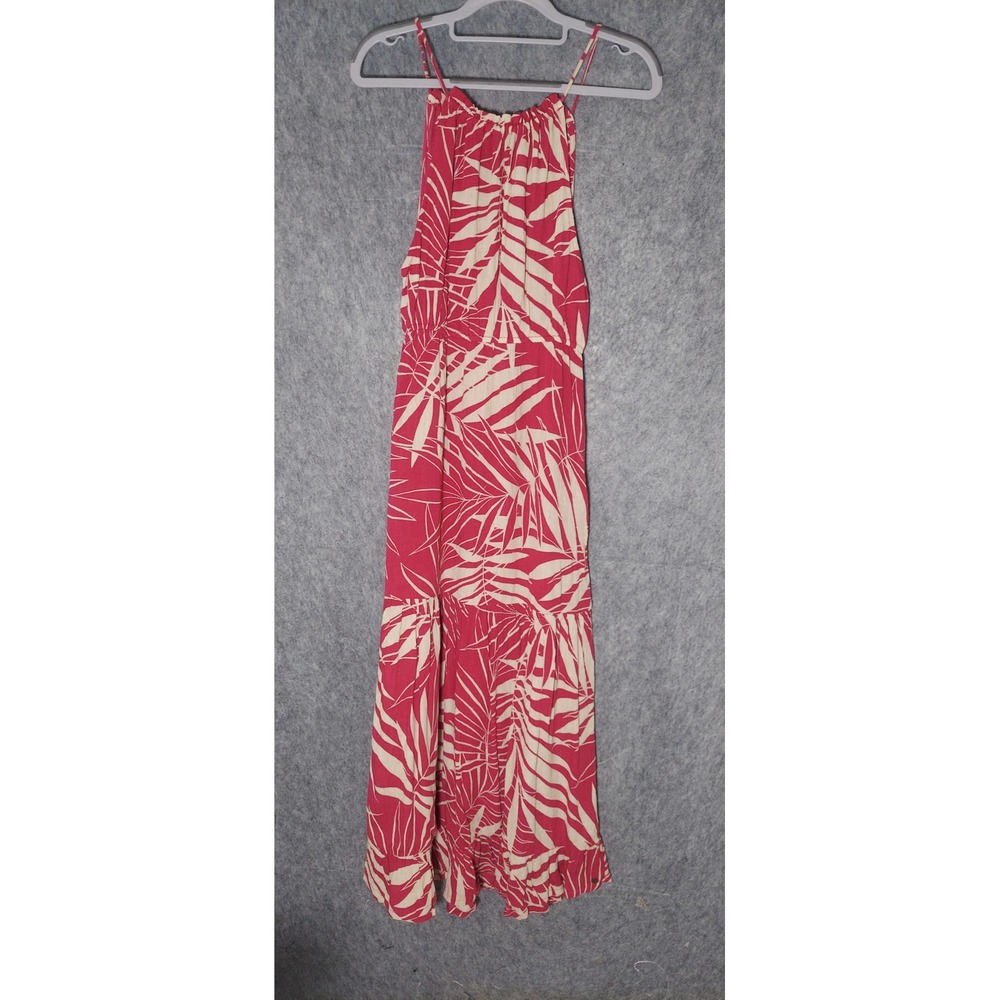 Roxy Tropical Palm Leaf Maxi Dress XS Pink Tan Bohemian Tiered Ruffle Hem Crepe